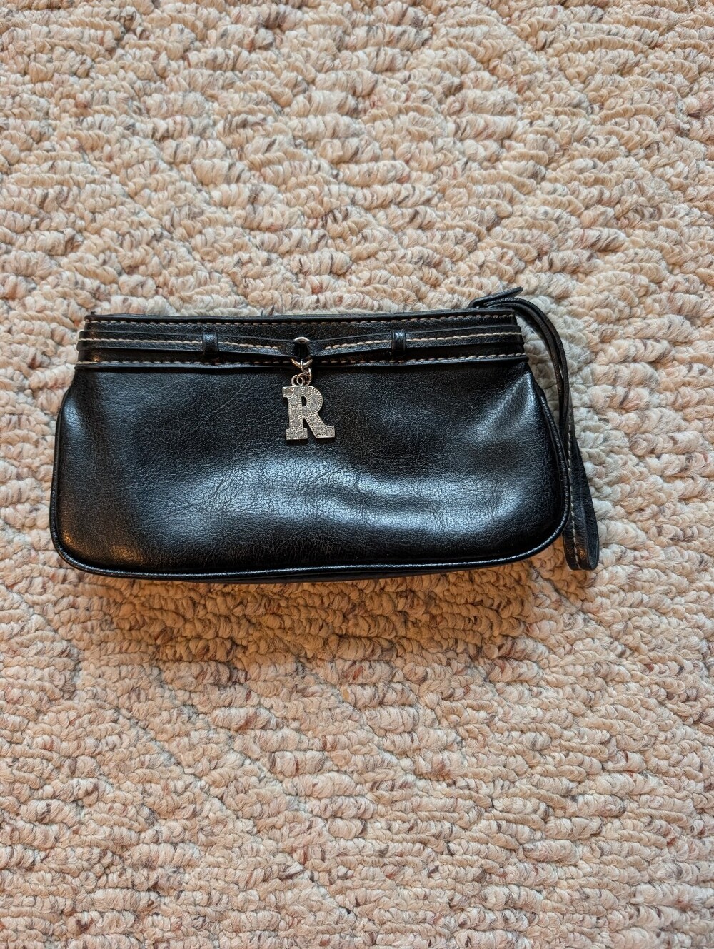 Vintage Y2K 2000s Black Leather Monogram Wristlet Mini Bag Accents Rhinestone